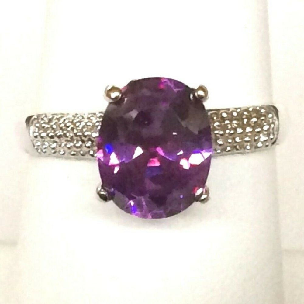 Silver Purple Amethyst Cocktail Ring Size 8 9 10 Rhodium Plated Cubic Zirconia